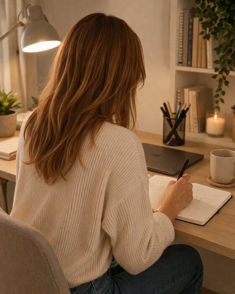 Person with brown hair wearing a cream sweater sitting at a wooden desk with a notebook, laptop, and warm desk lamp in a cozy home office
