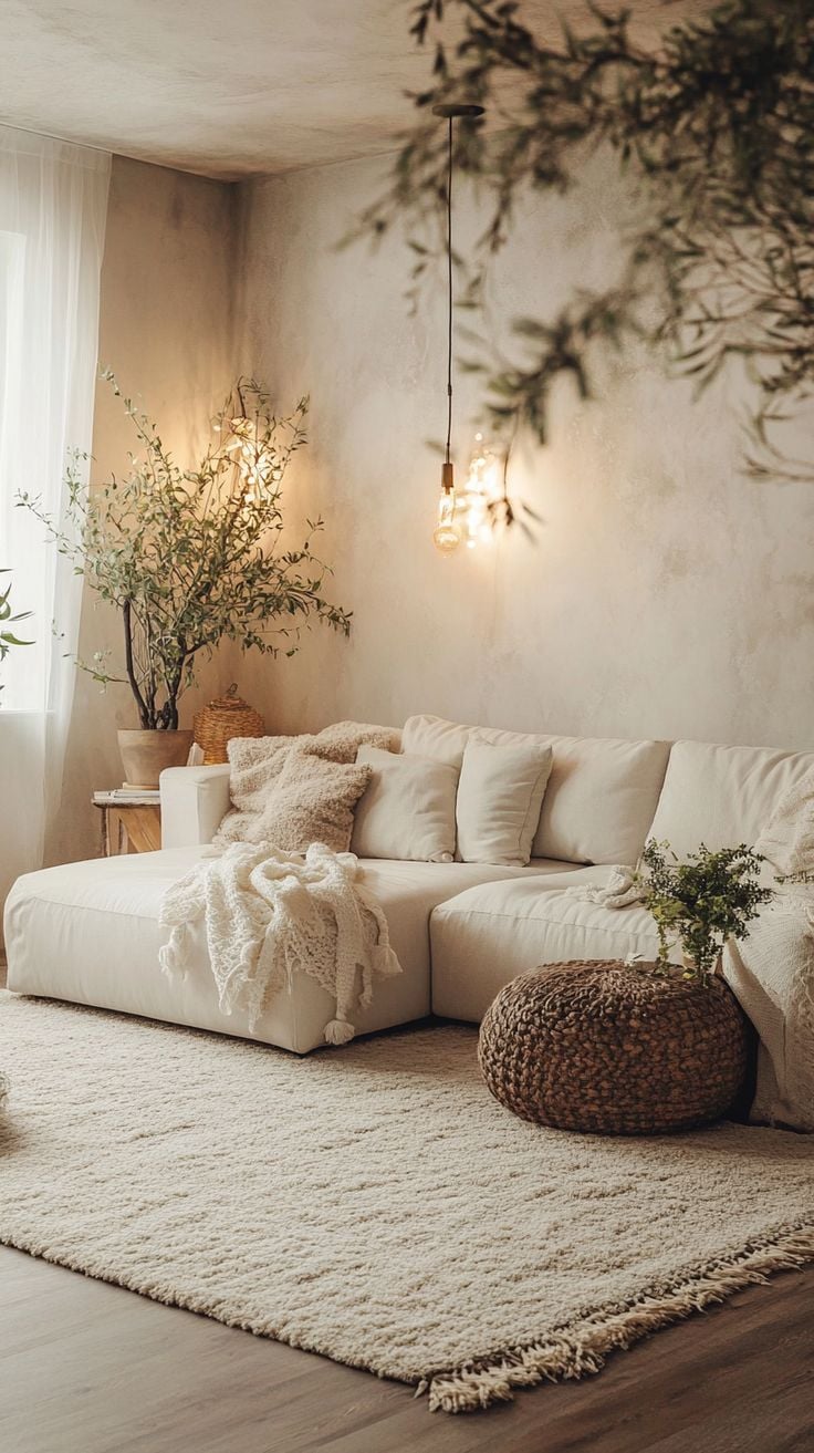 Minimalist living room with cream-colored modular sofa, woven ottoman, pendant light, dried flowers in vase, and soft neutral decor