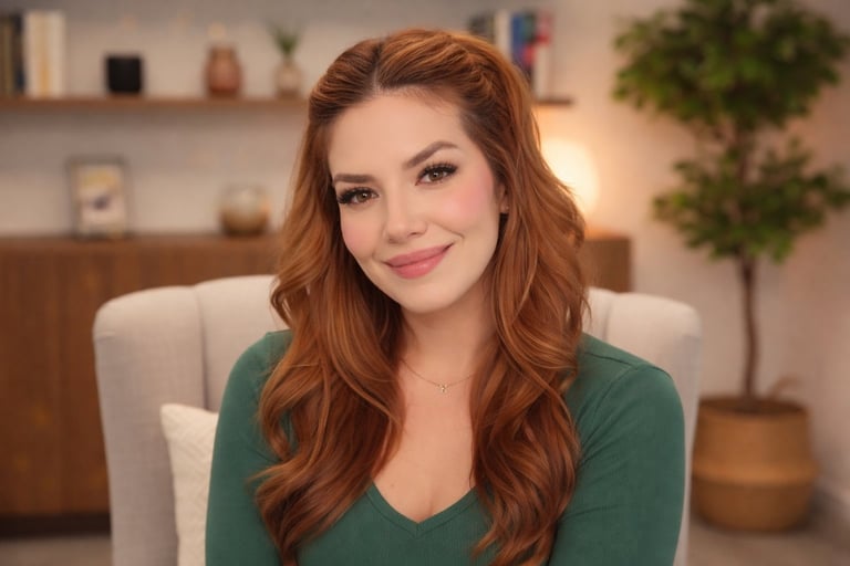 Woman with long reddish-brown wavy hair wearing a green V-neck top, seated in a light-colored chair in a modern living room
